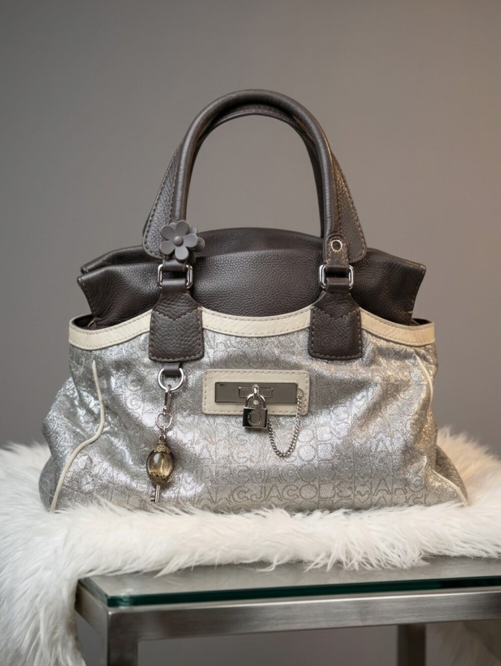 RARE Y2K Beautiful Marc Jacobs Silver Metallic Satchel with Grey Leather Trim